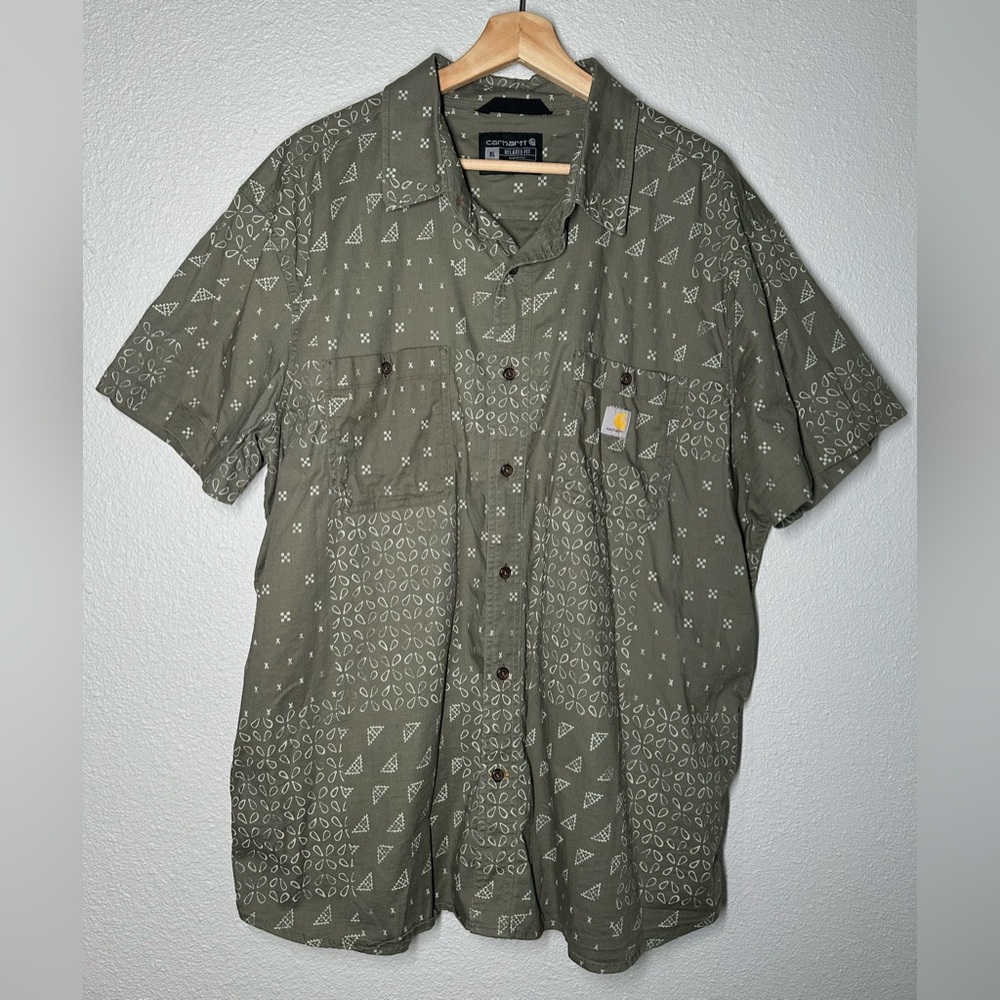 Carhartt Rugged Flex Shirt Men’s Army Green S/S All Over Print Workwear Size XL